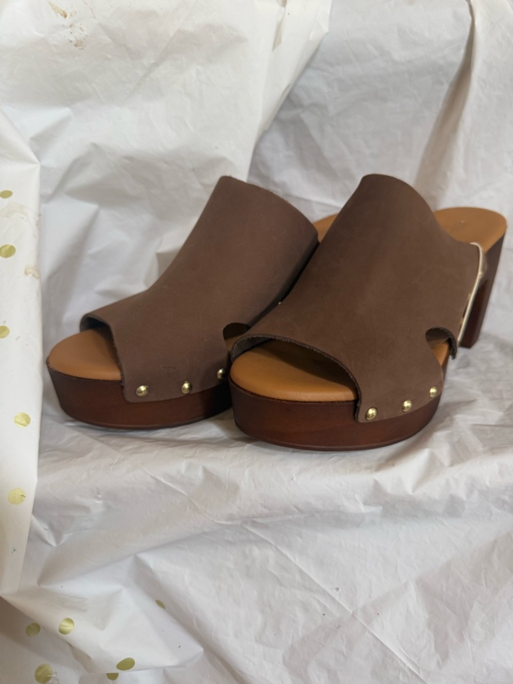 Brown Leather Platform Slide Mules with Gold Stud Accents